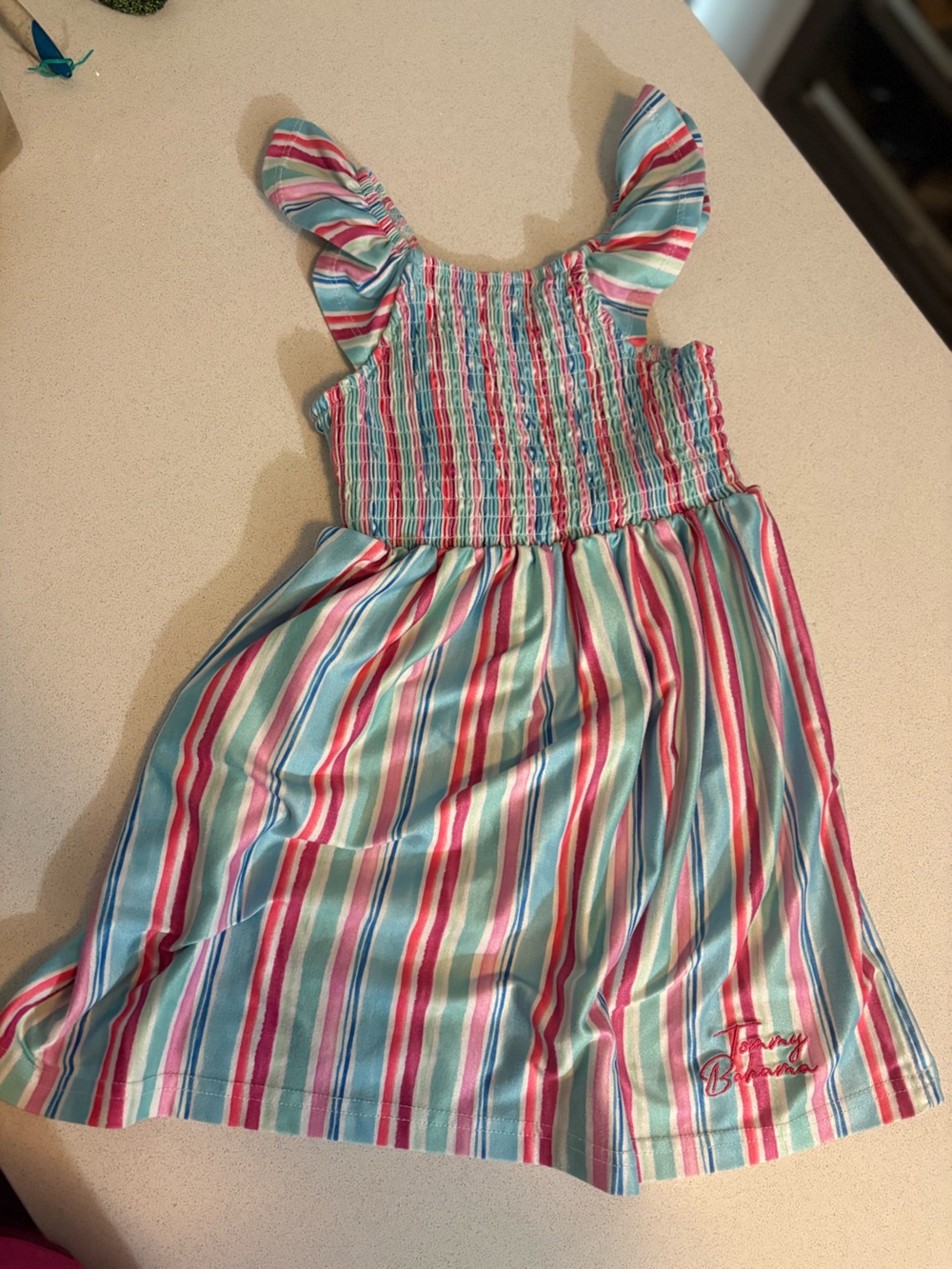 Tommy Bahama Kids Pastel Striped Smocked Dress — Pink, Mint & Blue